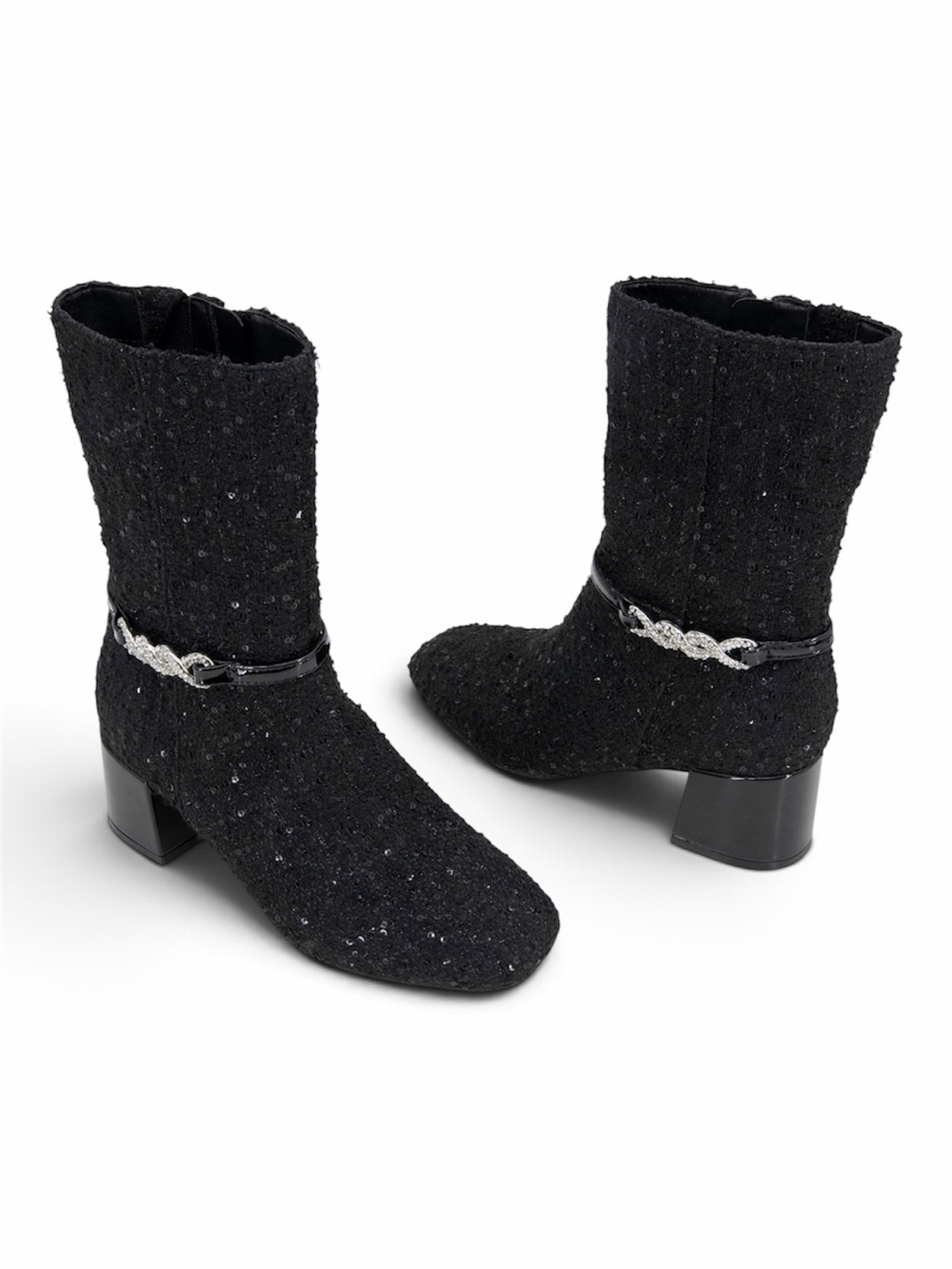 Kenneth Cole Reaction Lacey Black Mid-Calf Block Heel Boots with Silver Chain 9